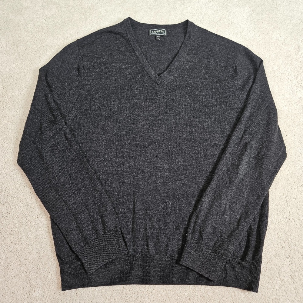 100% Merino Wool V Neck Sweater Mens L Charcoal Gray‎ Lightweight Knit Layering